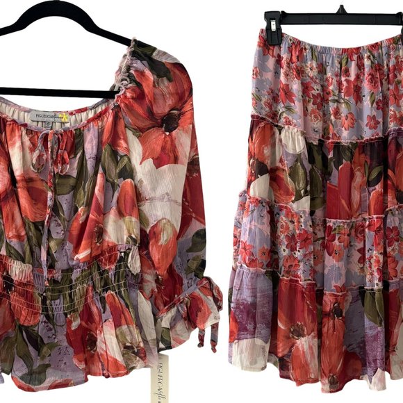 🆕 Figueroa & Flower Floral Square Neck Blouse & Tiered Skirt 2 Piece Set